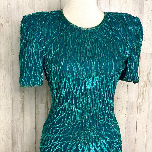 Laurence Kazar Teal Silk Sequin Short Sleeve Column Dress 80s Vintage Sz S FLAW - Picture 2 of 15